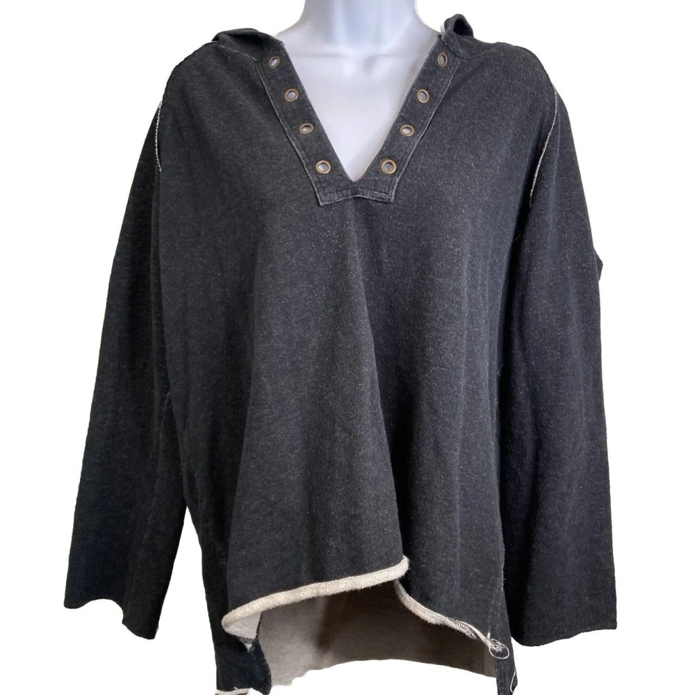 525 AMERICA Womens Gray Grommet V-Neck Raw Hem Pullover Hoodie M Edgy Streetwear